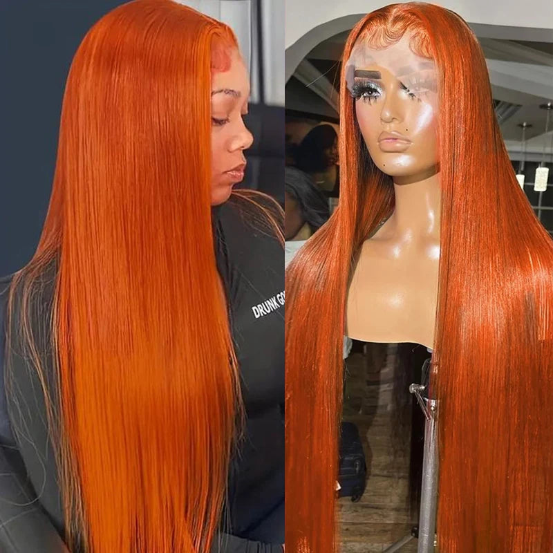 Ginger Orange Bone Straight 13x4 Transparent Lace Frontal Human Hair Wig Peruvian #350 13x6 Lace Front Wigs For Women 32inch