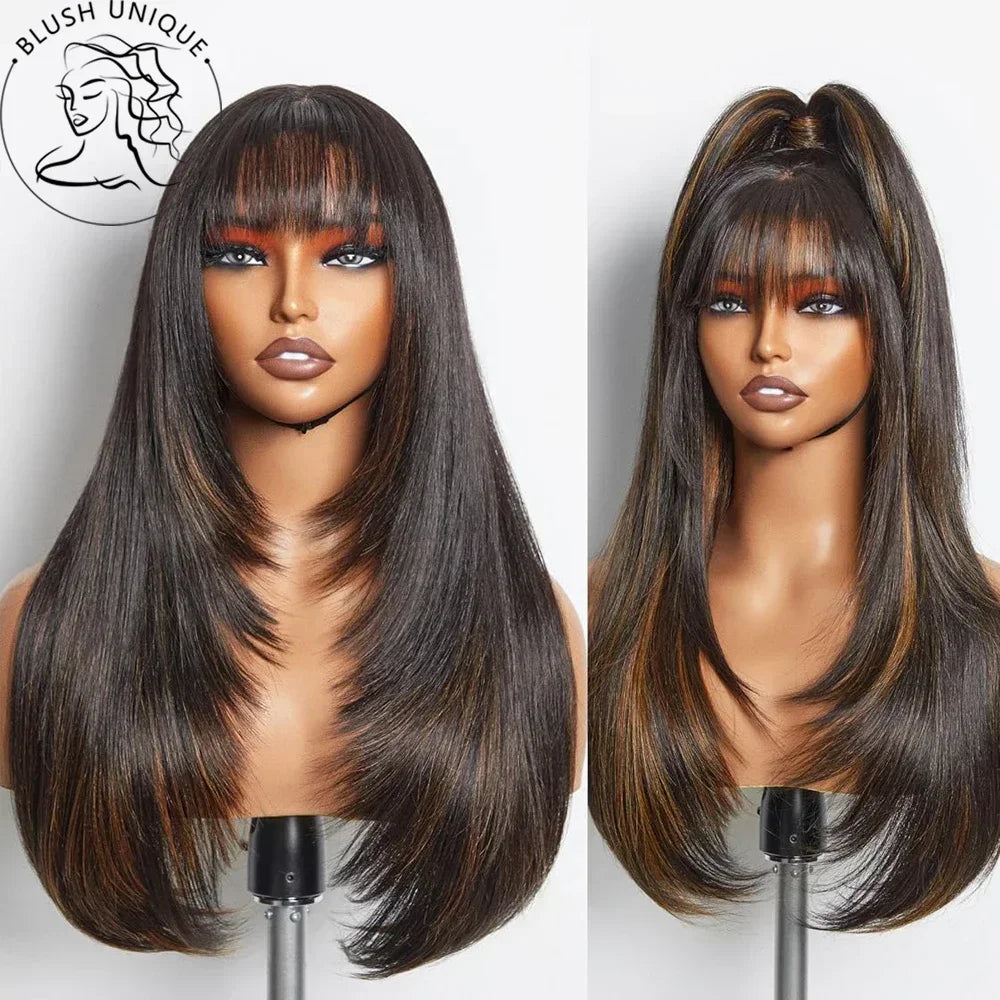 Straight Layered Cut Wigs with Bangs HD Lace Fake Scalp Synthetic Natural Layered Lace Wig For Women Glueless Heat Resistant Wig