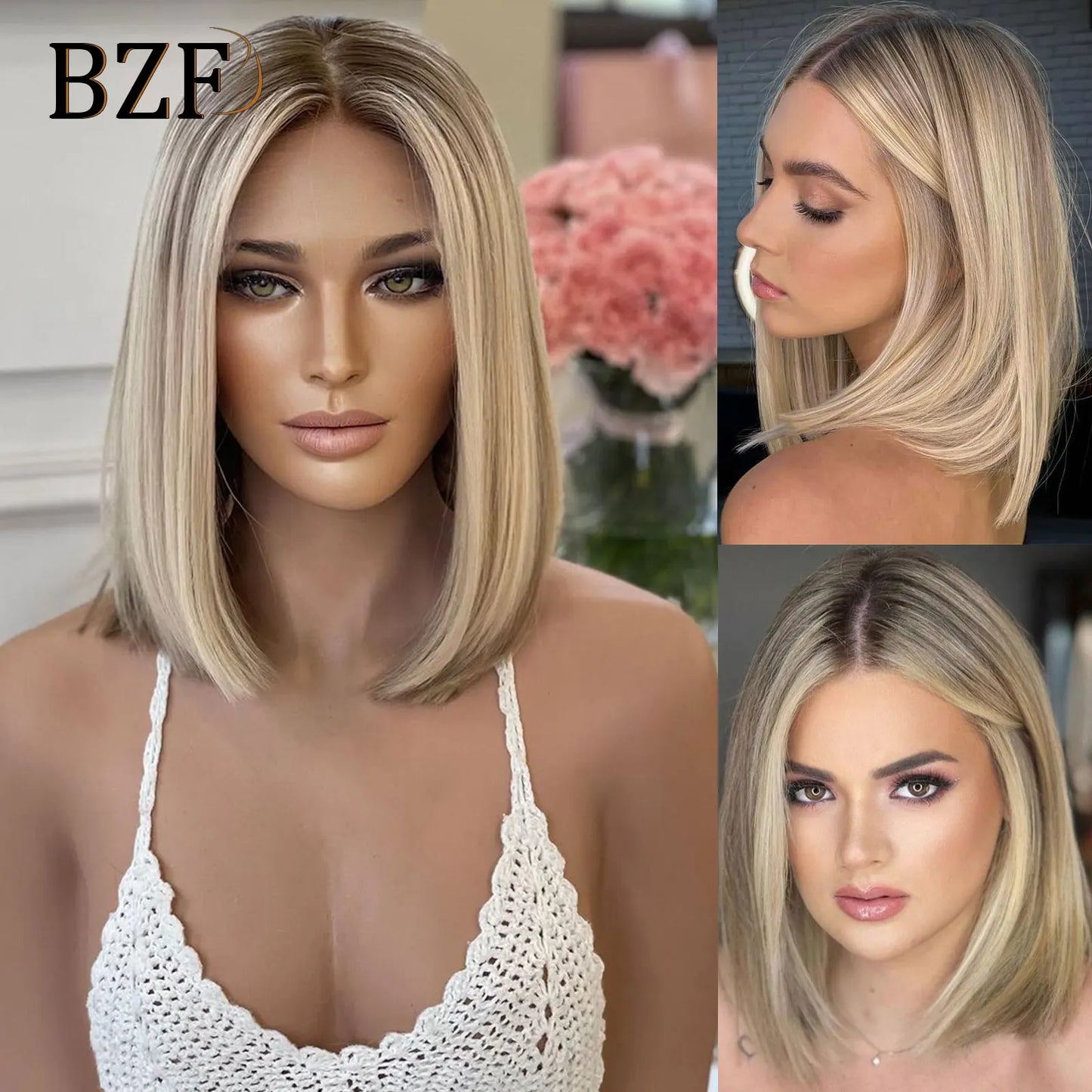 Brown Blonde Highlight Synthetic Lace Front Short Bob Wigs 13x3 Colored Straight Glueless Wig Dark Roots Blonde Wig For Women