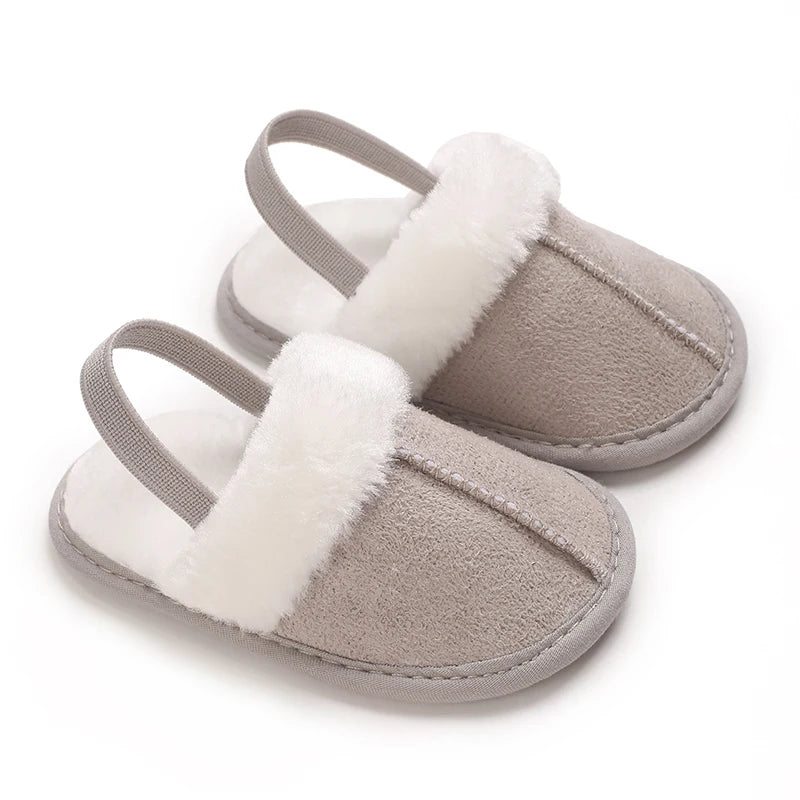 Toddlers Baby Boys Girls Fluffy Slides Soft Slippers Anti-slip Pre-walker Newborn Plush Warm Floor Shoes Elastic Back Strap