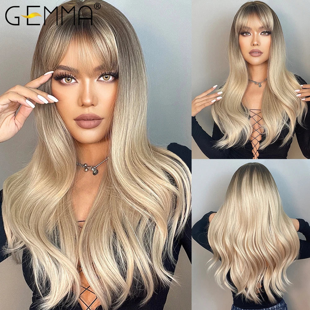 Long Wavy Light Ash Blonde Synthetic Wigs with Bangs for Women Natural Wave Cosplay Party Daily Use Hair Wigs Heat Resistant