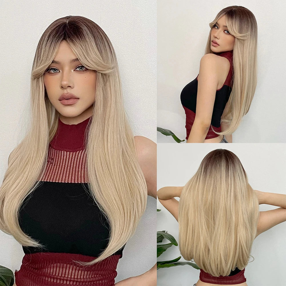 Blonde Golden Synthetic Wigs Long Straight Hair Natural Wig for Women Middle Part Wigs Cosplay Party Heat Resistant Fake Hair