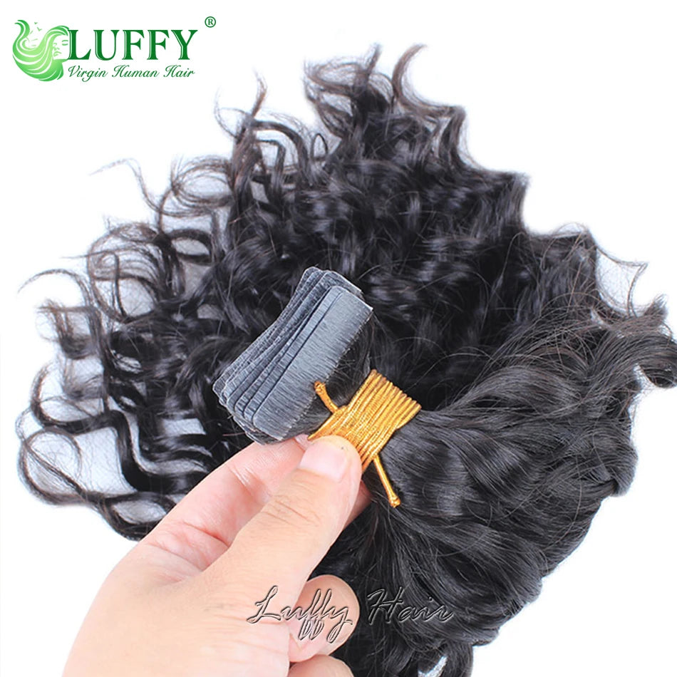 Water Wave Tape In Human Hair Extensions Curly Brazilian Remy Hair for Black Women Invisible Skin Weft Tape Ins Human Hair