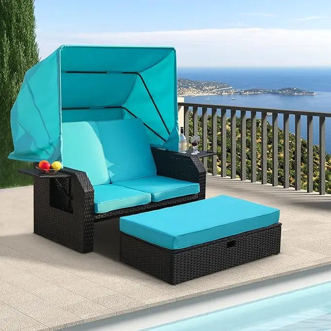 Outdoor Wicker Loveseat - Patio Furniture Set with Retractable Canopy, Adjustable Back, Side Table, Ottoman, Cushion