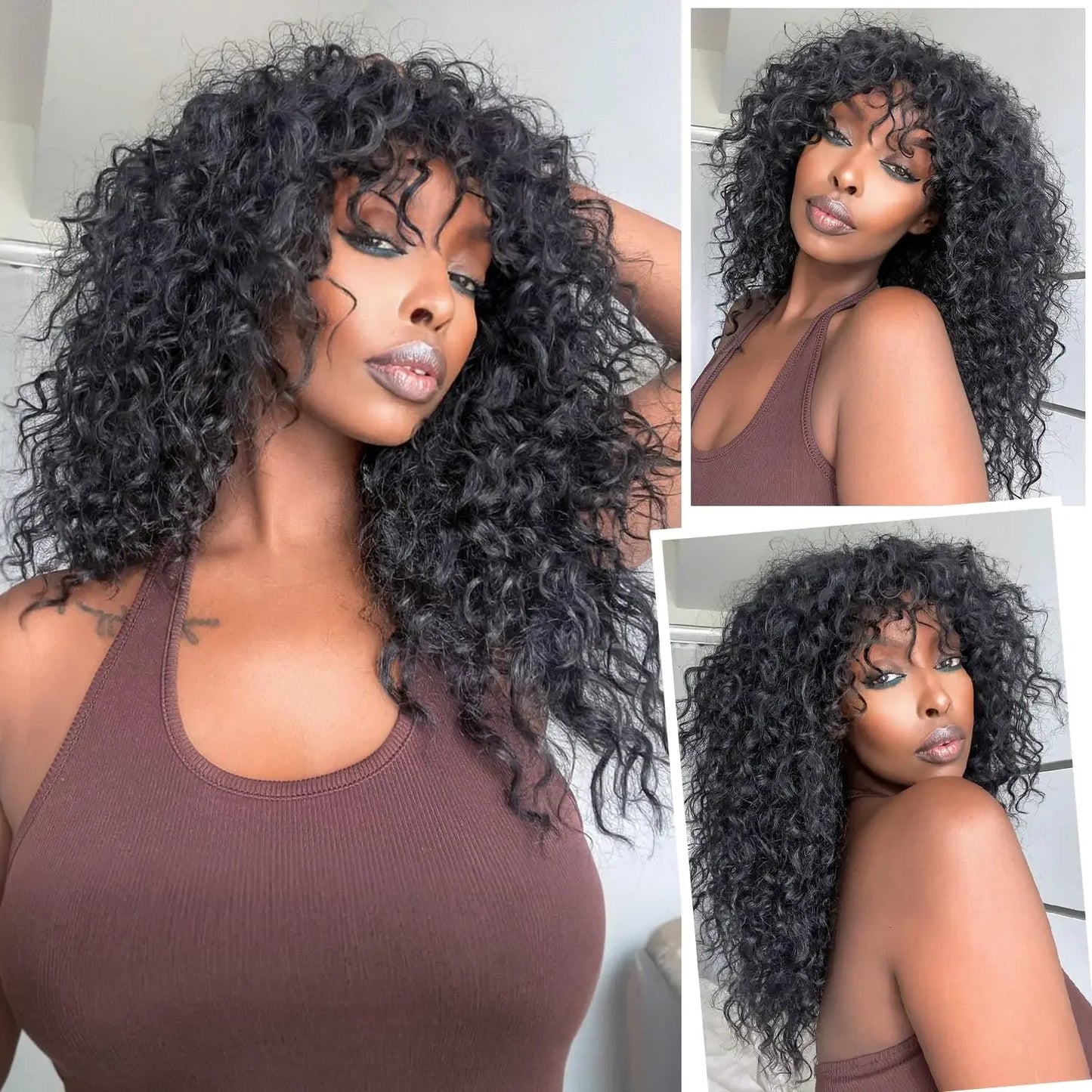 Kinky Curly Wigs With Bangs Full Machine Made Wigs Virgin Hair Peruvian Long Curly Human Hair Wigs Natural Black Non Lace