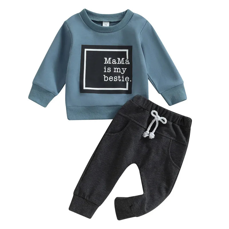 Newborn Baby Boy Pant Sets 2Pcs Outfits Autumn Clothes Long Sleeve Letter Pullover Tops and Pocket Pants Baby Items Clothing