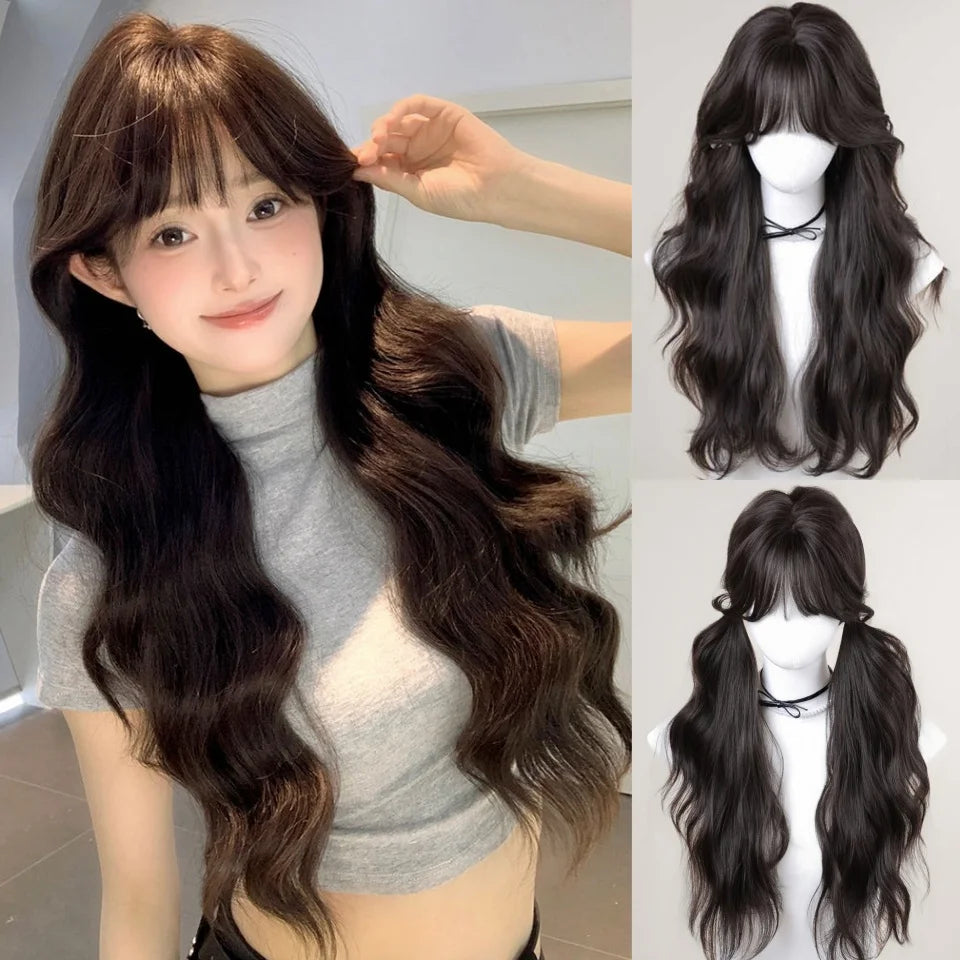 LM Long Body Wave Black And Gray Ombre Cosplay Wigs Heat Resistant Synthetic Wigs Bangs Natural Lolita Wigs For Women Halloween