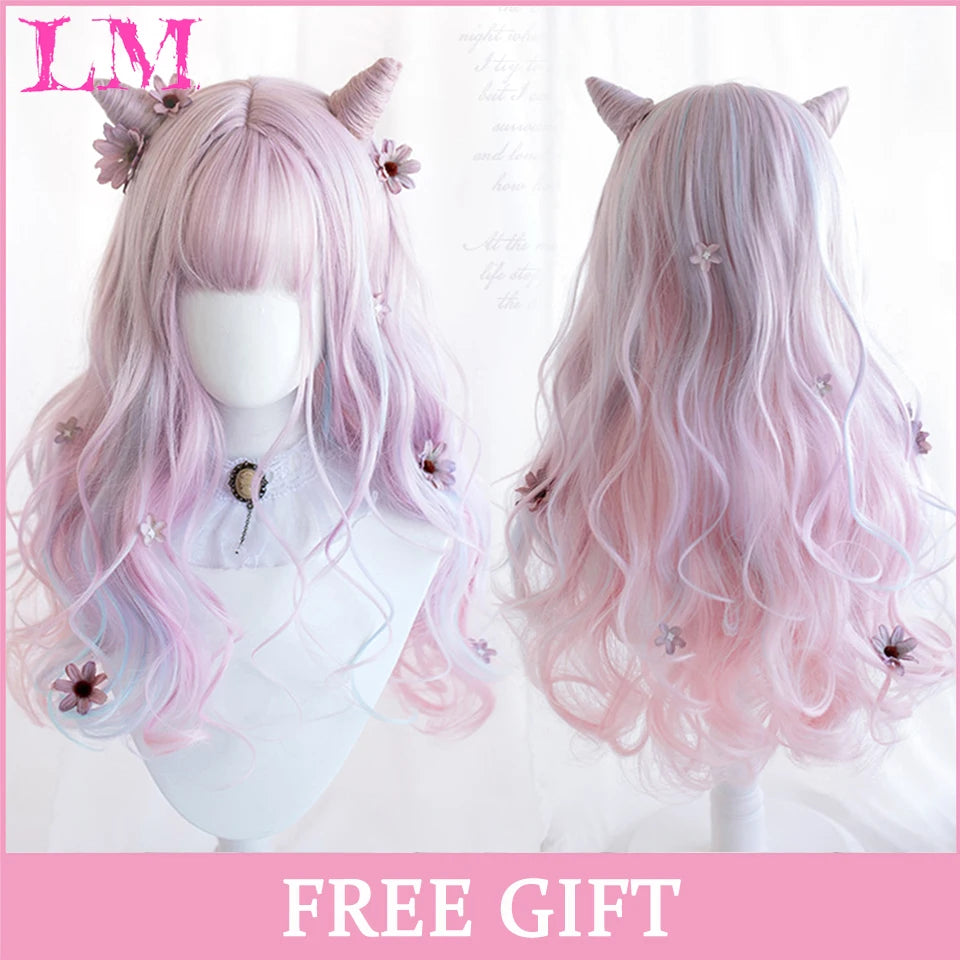 LM Cosplay Wig With Bangs Synthetic Straight Hair 24 Inch Long Heat-Resistant Pink Wig For Women