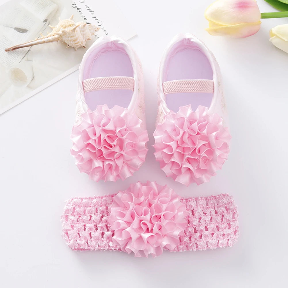 Newborn Baby Shoes Baptism Yellow Headband Baby Girl Lace Shoes Set Toddler Prewalker Cute Baby Soft Shoes for 0-12M Kids