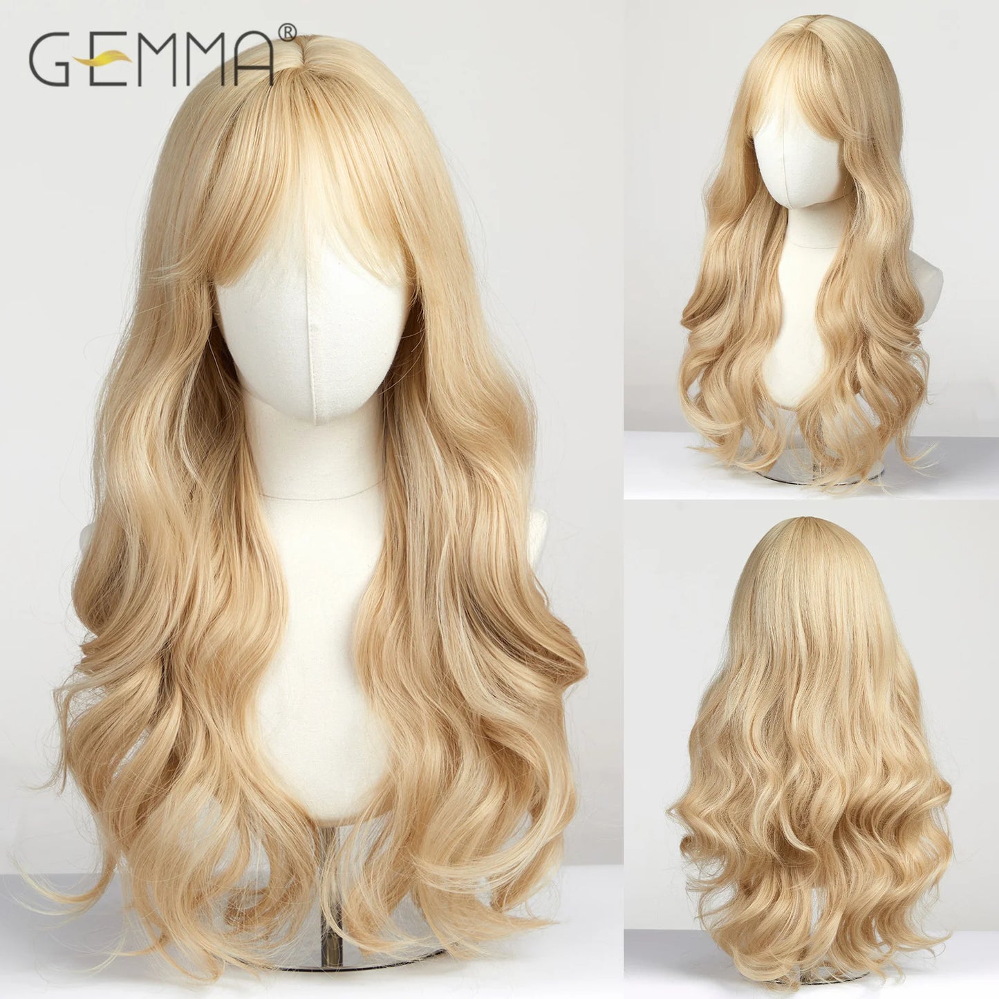 Long Wavy Light Ash Blonde Synthetic Wigs with Bangs for Women Natural Wave Cosplay Party Daily Use Hair Wigs Heat Resistant