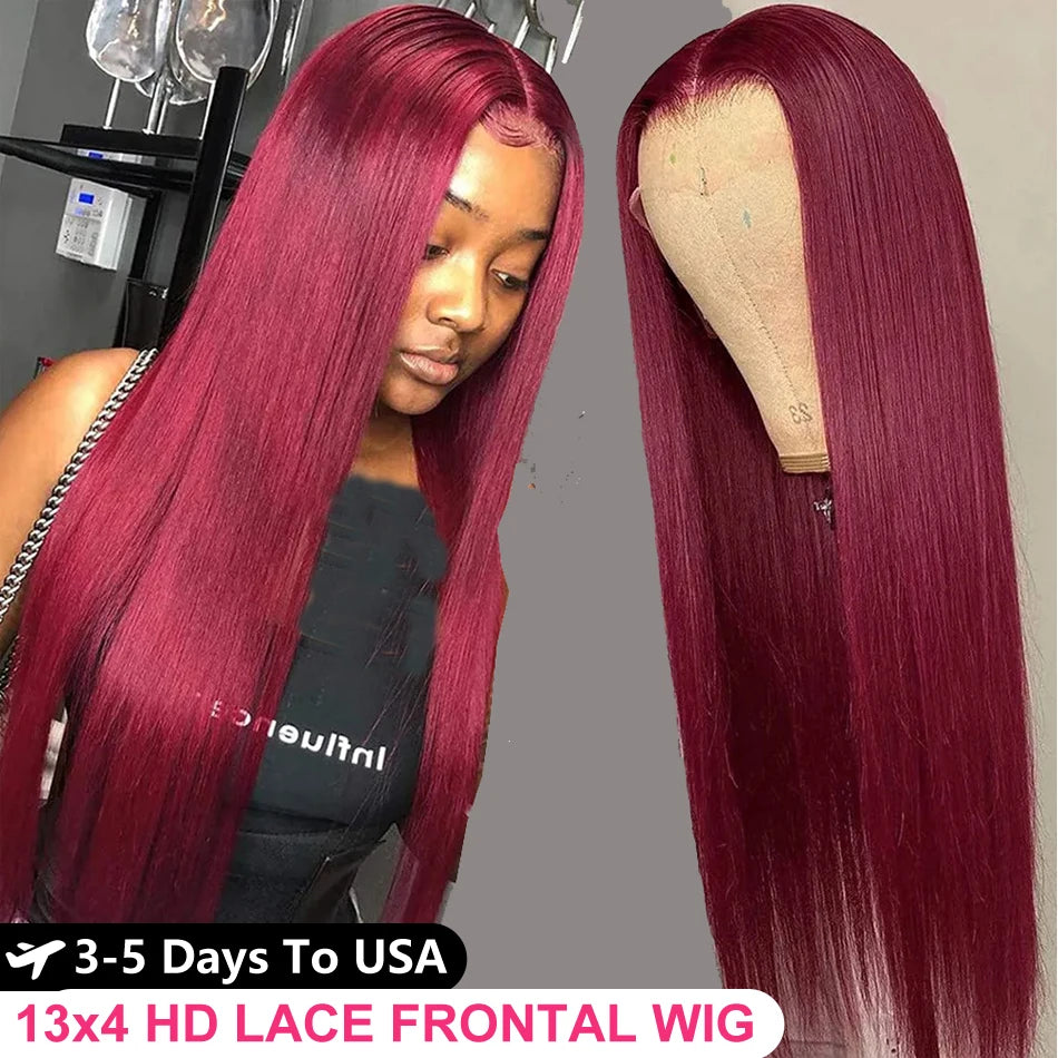 Red Burgundy Straight 13x4 HD Lace Front Human Hair Wigs For Women Pre Plucked 99j 13x4 HD Lace Frontal Wigs 100% Human Hair Wig