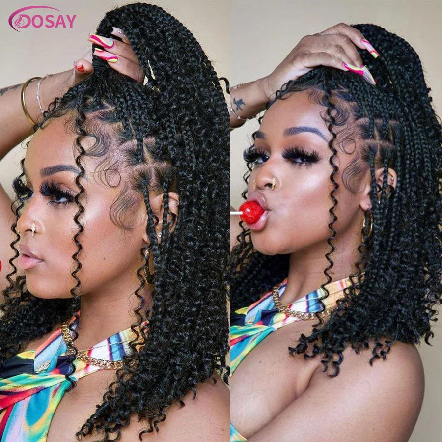 Short 12 Inch Bohemian Curly Braided Full Lace Front Wigs Knotless Box Braid Bob Wig Women Synthetic Locs Goddess Cornrow Braids