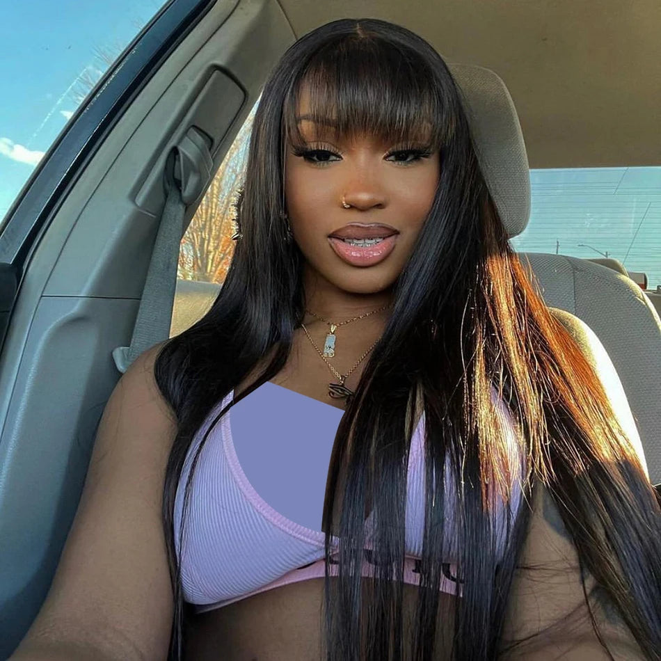 Wiggogo 3X1 Middle Part Lace Wig 100% Straight Human Hair Wig With Bangs Full Machine Made Straight Human Hair Wigs For Women