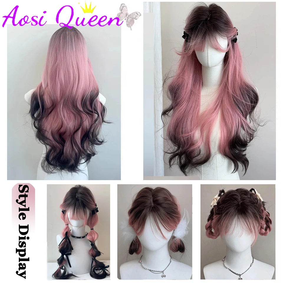 AosiQueen Black Pink Ombre Synthetic Wigs For Cosplay Long Wavy Layered Wigs With Bangs For Women Heat Resistant Fake Hair