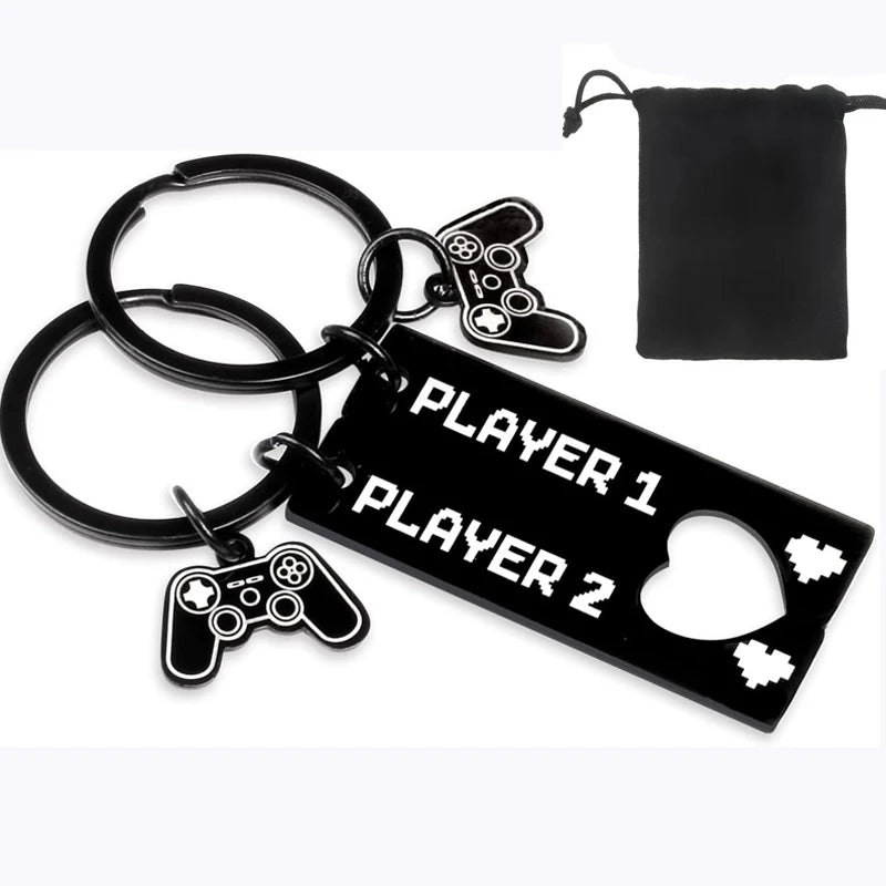 Cute Gamer Couple Key Chain for Him and Her, Valentine's Day Gifts for Boyfriend Girlfriend, Player 1 Player 2 Matching Keychain