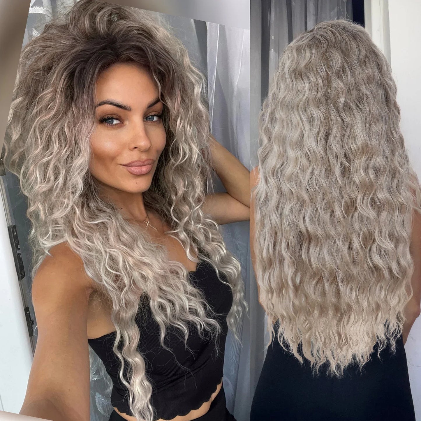 Ash Blonde Curly Wig Synthetic Long Curly Hair Wigs for Women Fluffy Hairstyle Wave Ombre Wig Costume Carnival Party Regular Wig