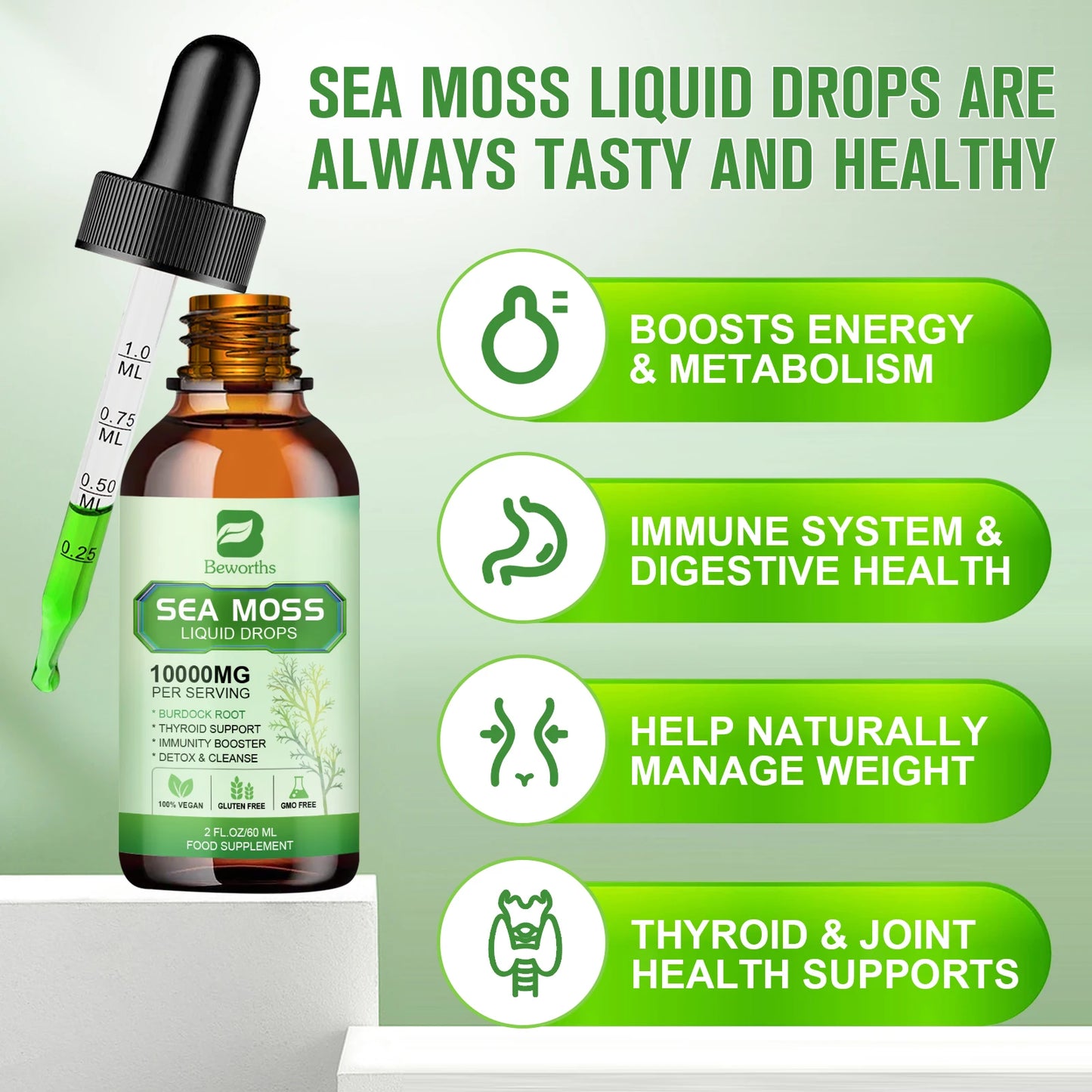 BEWORTHS Organic Seamoss Drops with Burdock Root and Spirulina Support Immunity and Gut Health, Help Digestion Weight Management