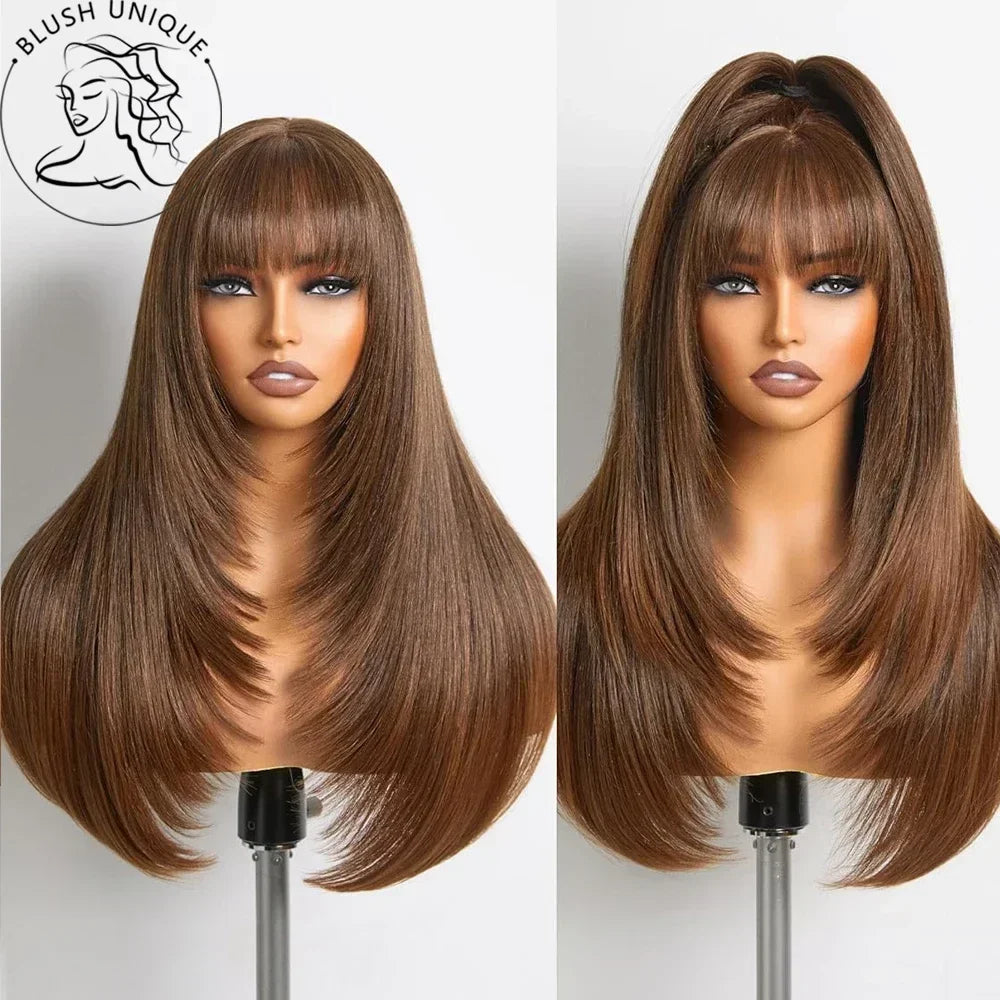 Straight Layered Cut Wigs with Bangs HD Lace Fake Scalp Synthetic Natural Layered Lace Wig For Women Glueless Heat Resistant Wig