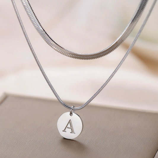 Cazador Stainless Steel A-Z Initial Letter Pendant Double Snake Chains Necklace Women's Necklace Valentine's Day Gift Jewelry