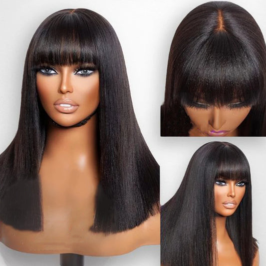 Peruvian Straight Bob Lace Wigs Glueless Straight Human Hair Wigs With Bangs Fringe Middle Part Bob Lace Wigs Realistic Scalp