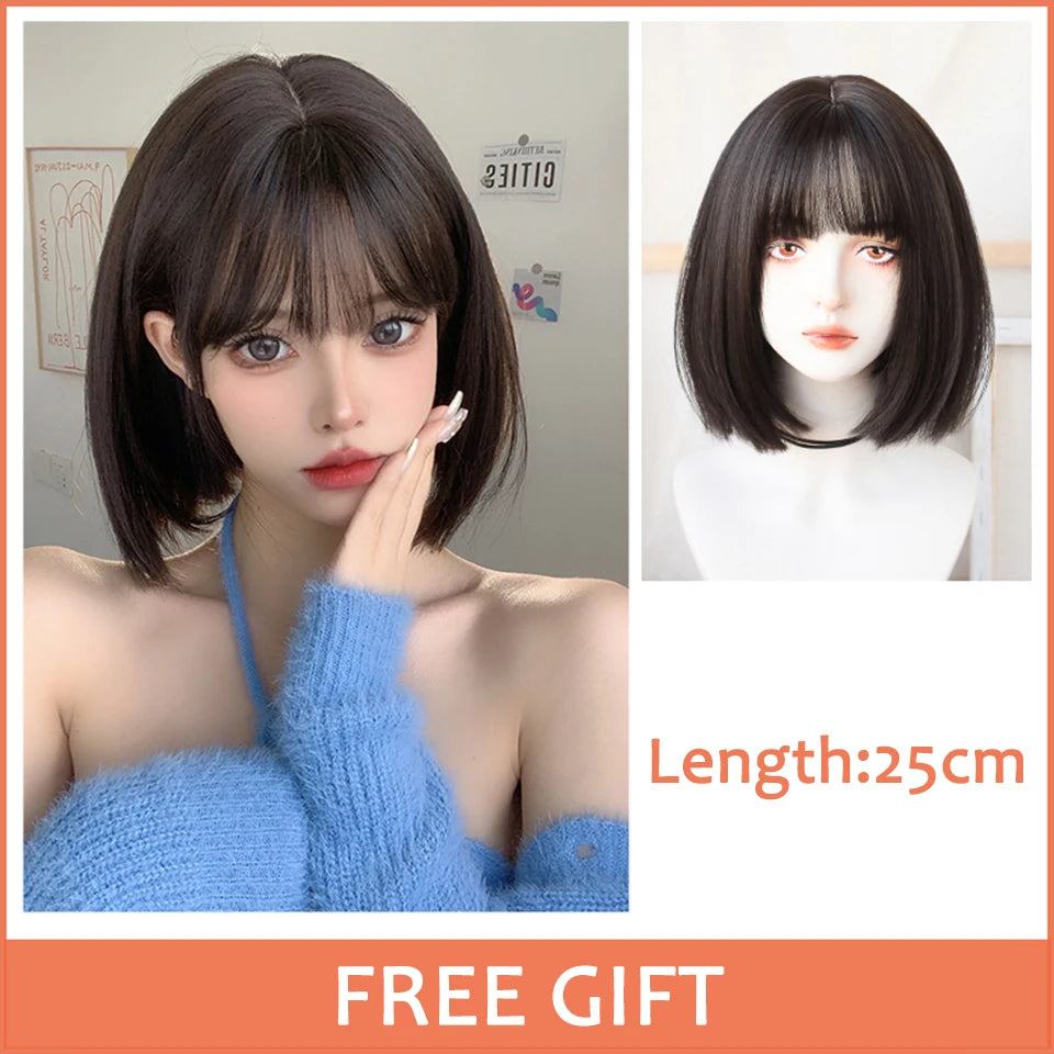 Pink Short Bob Straight Synthetic Wig with Bangs for Cosplay Lolita Fake Hair for White Women Party Natural Wig High Temperature