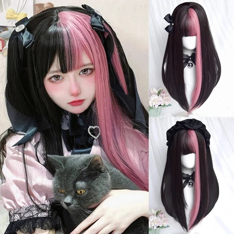 LM Long Body Wave Black And Gray Ombre Cosplay Wigs Heat Resistant Synthetic Wigs Bangs Natural Lolita Wigs For Women Halloween