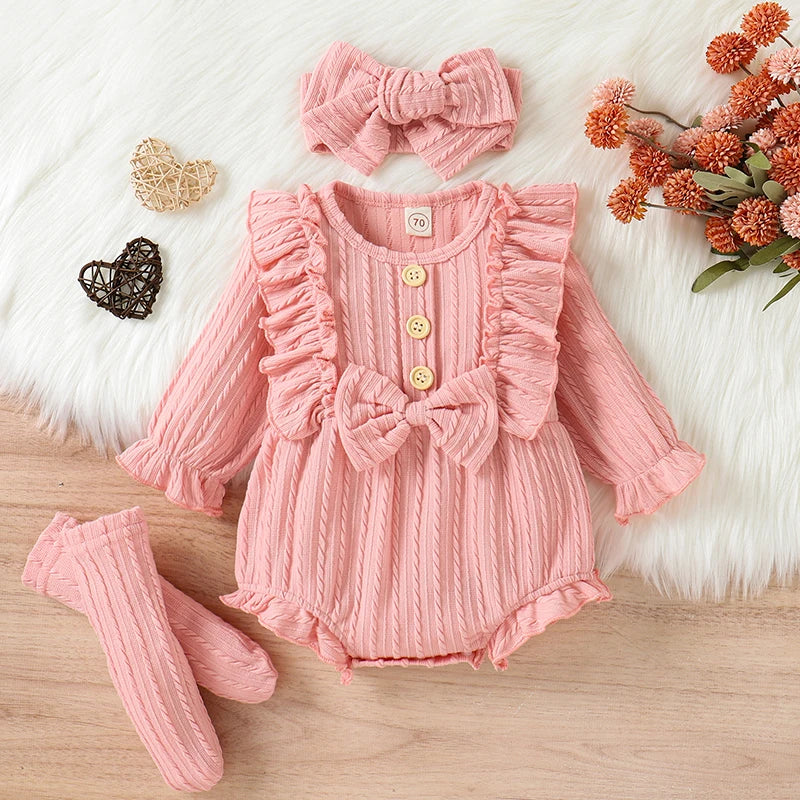 0-12M Infant Baby Girls 3Pcs Fall Outfits Long Sleeve Button Front Ruffle Romper + Socks + Headband Set Lovely Clothes