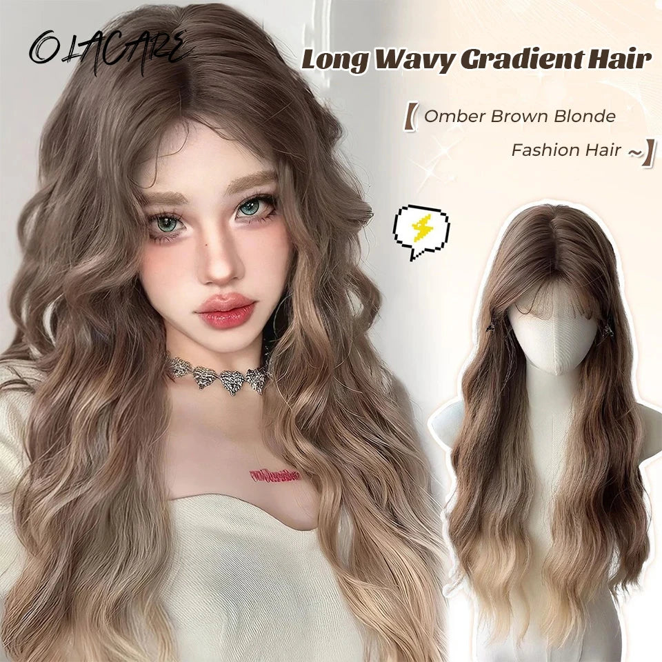 LM Long Body Wave Black And Gray Ombre Cosplay Wigs Heat Resistant Synthetic Wigs Bangs Natural Lolita Wigs For Women Halloween