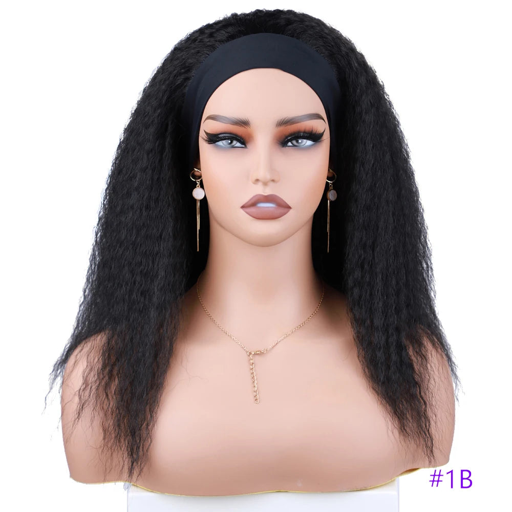 Kinky Curly Synthetic Hair Wig 14 Inch Afro Synthetic Headband Wig Shoulder Length Black Kinky Curly Wigs with Elastic Headband