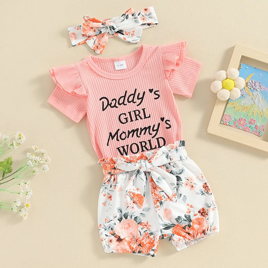 Newborn Baby Girls Outfit Daddy s Girl Mommy s World Print Short Sleeve Romper Jumpsuit Bodysuit Tops Floral Shorts