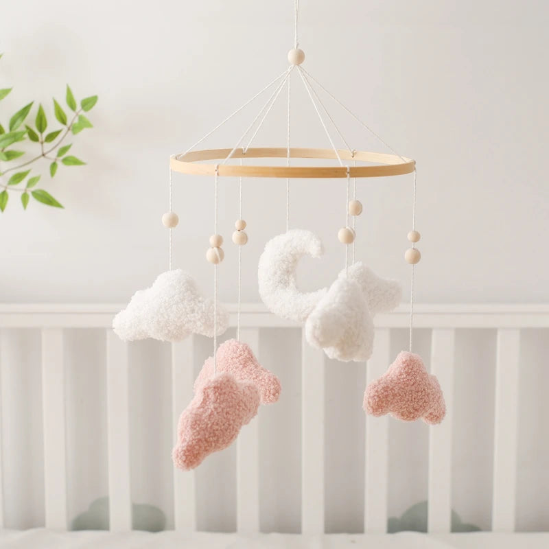 Wooden Crib Mobile Baby Bed Bell Rattle Toy Soft Felt Cartoon Bear Mobile Hanging Newborn Music Box Bed Bell Hanging Bracket Toy