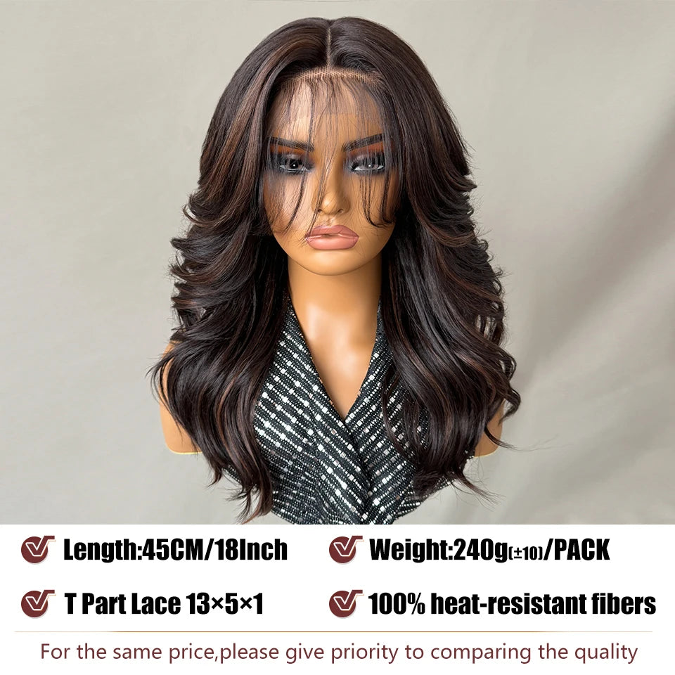 T- Part Layered Wigs With Bangs For Women 18 Inch Red Synthetic Lace Front Wig For Daily Use 13x5 Lace Wig Ombre Brown Afro Wigs