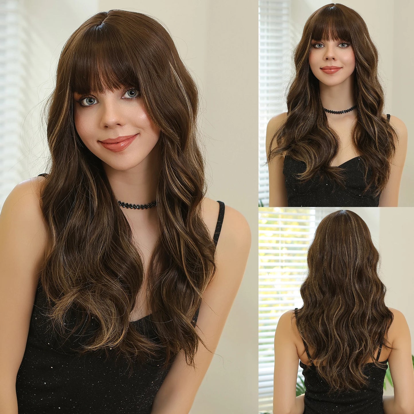 Long Wavy Layered Synthetic Wigs for Women Brown Highlights Wigs With Side Bangs Natural Hair Daily Party Heat Resistant Wig