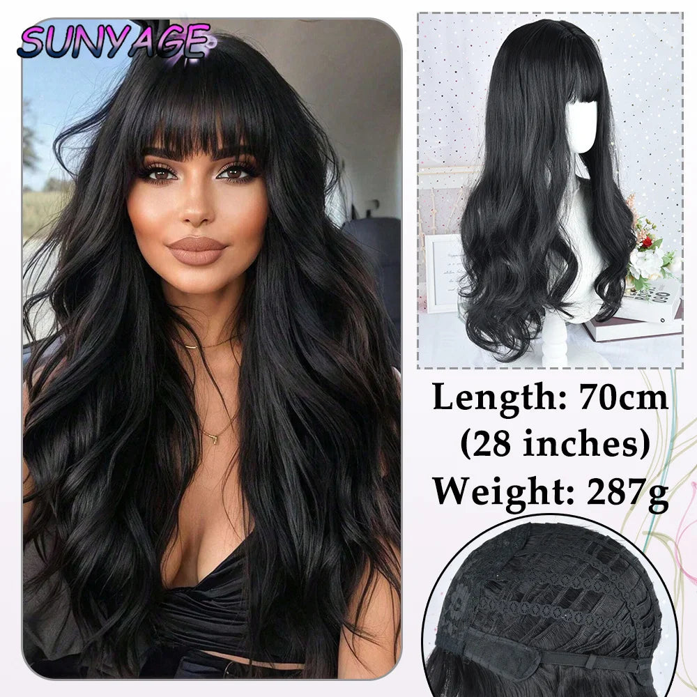 SUNYAGE Lolita Black Wig for Women Long Wavy Hair 75cm Curly Wig with Bangs Cosplay Headband Wigs Synthetic Wigs for Daily Use