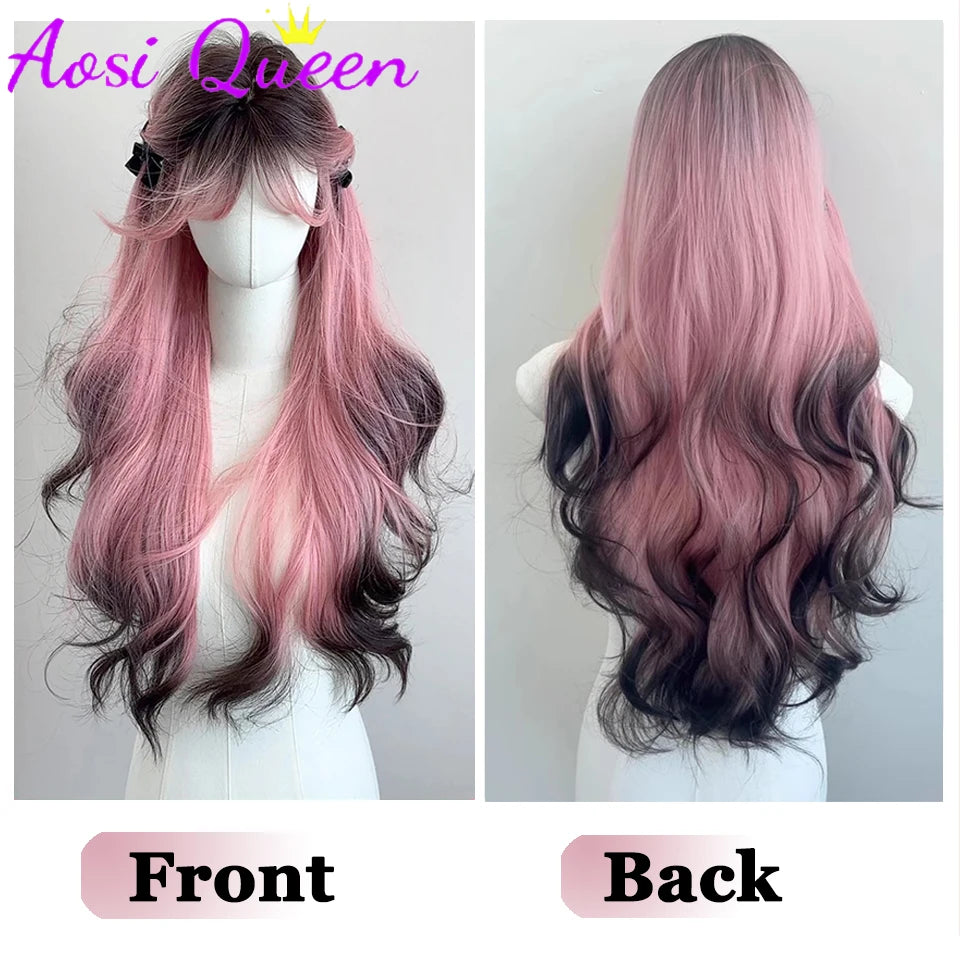 AosiQueen Black Pink Ombre Synthetic Wigs For Cosplay Long Wavy Layered Wigs With Bangs For Women Heat Resistant Fake Hair