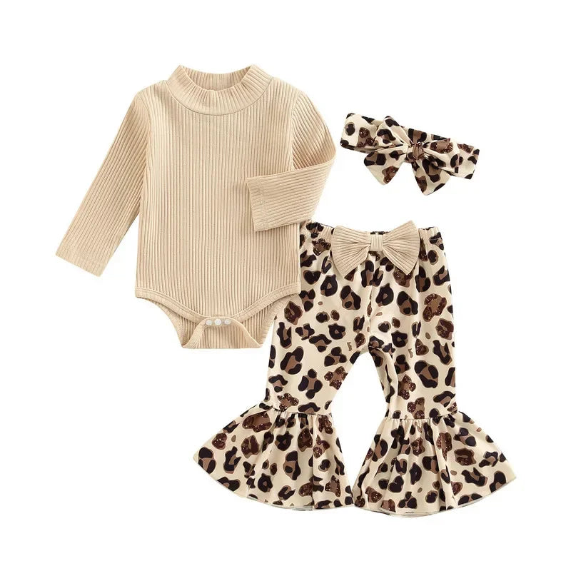 Newborn Baby Girls Clothes Pants Set Fall Winter Clothes Long Sleeve Bodysuit Leopard Bow Flare Pants Headband 0 to 18 Months