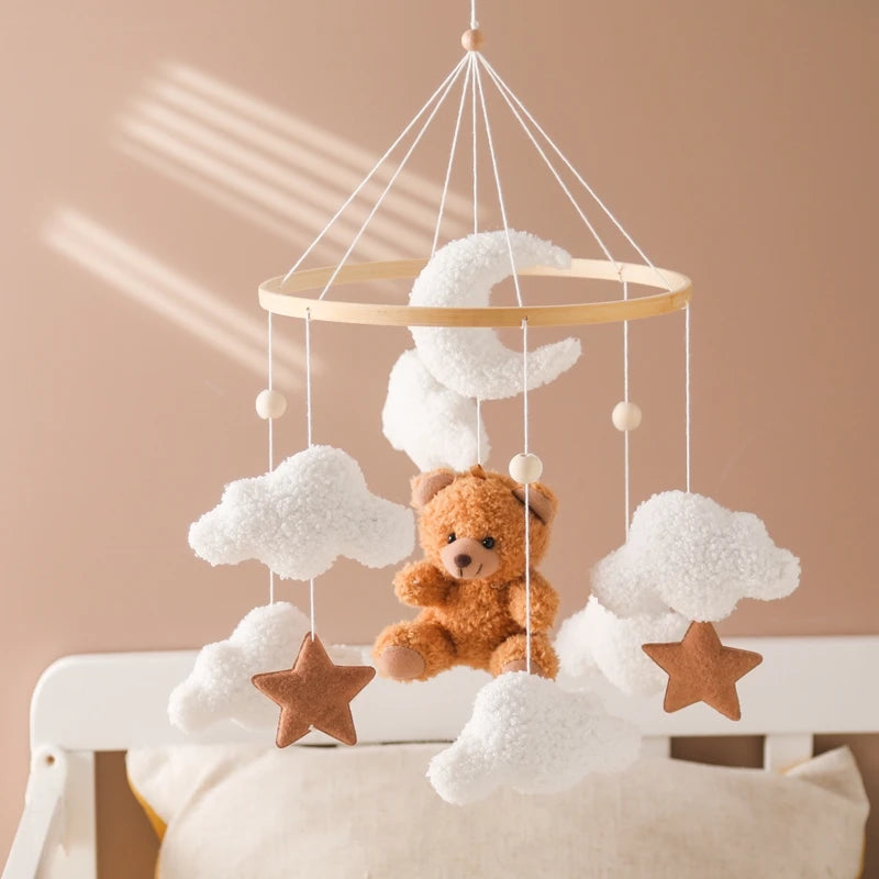 Wooden Crib Mobile Baby Bed Bell Rattle Toy Soft Felt Cartoon Bear Mobile Hanging Newborn Music Box Bed Bell Hanging Bracket Toy