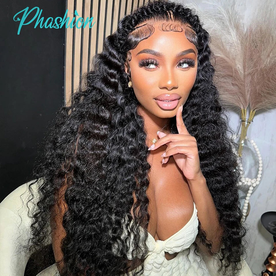 Phashion 26 28 30 Inch13x6 Lace Frontal Loose Water Curly Deep Pre Plucked Swiss HD Transparent Full Front Only 100% Human Hair