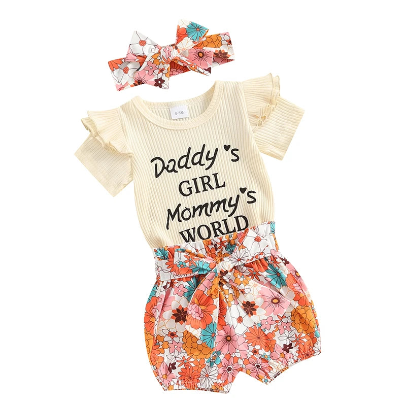 Newborn Baby Girls Outfit Daddy s Girl Mommy s World Print Short Sleeve Romper Jumpsuit Bodysuit Tops Floral Shorts