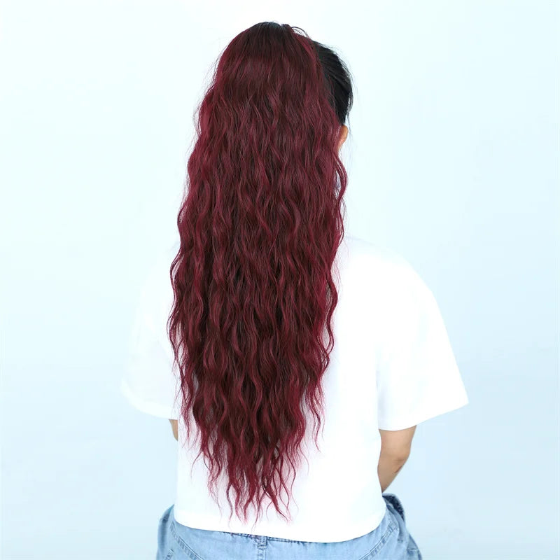 Long Curly Wavy Ponytail Hair Extension for Women Natural Synthetic Drawstring Ponytail Hairpieces Burgundy Blond Fake Pony Tail