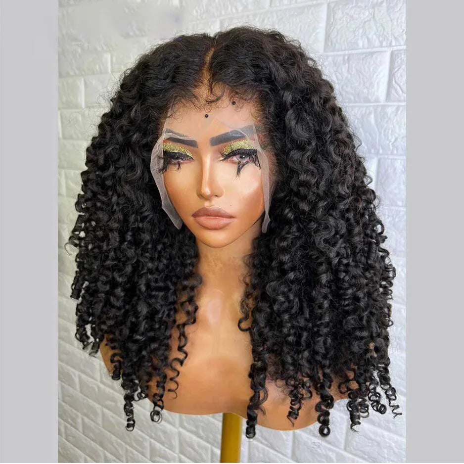 180DensitySoft 26Inch Long Glueless Natural Black Kinky Curly Lace Front Wig For Women With Baby Hair Synthetic Preplucked Daily