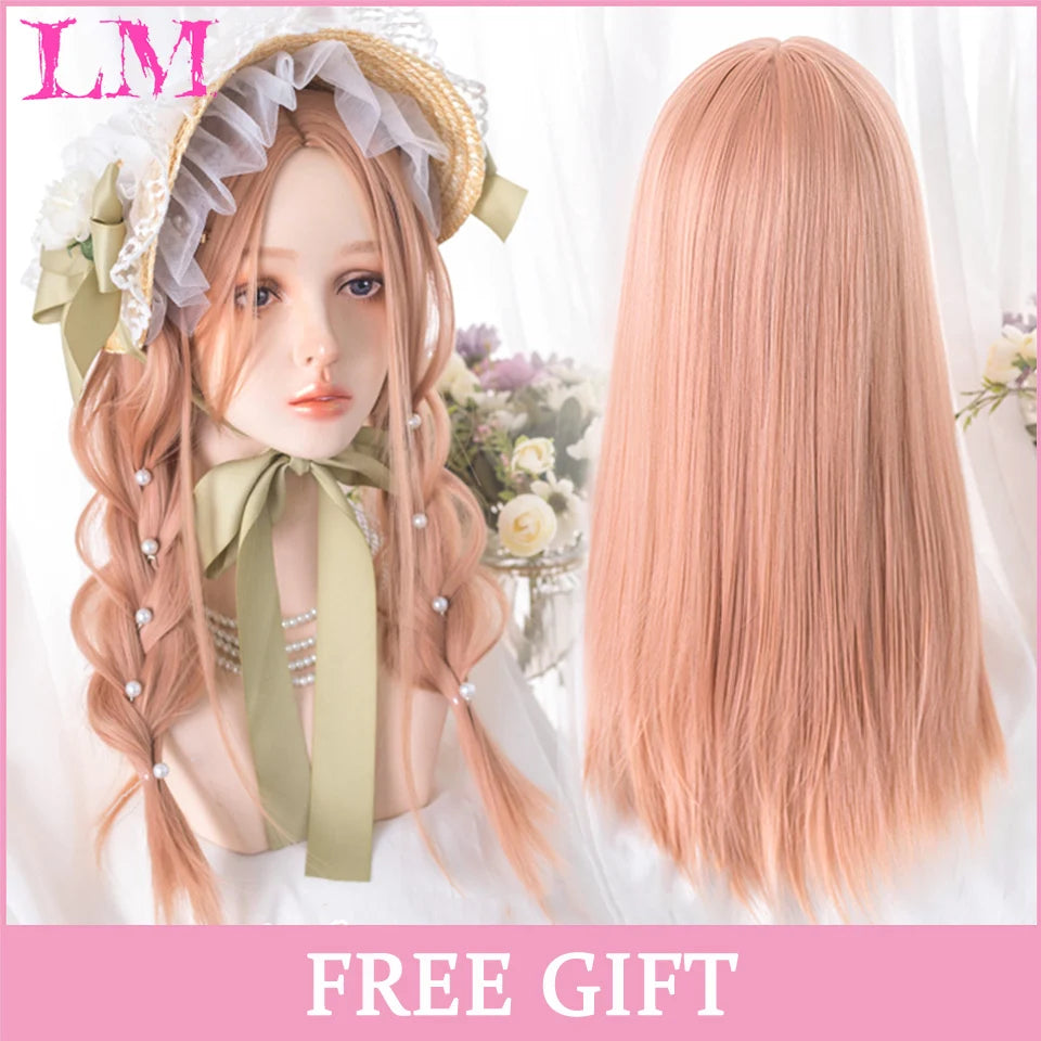 LM Cosplay Wig With Bangs Synthetic Straight Hair 24 Inch Long Heat-Resistant Pink Wig For Women