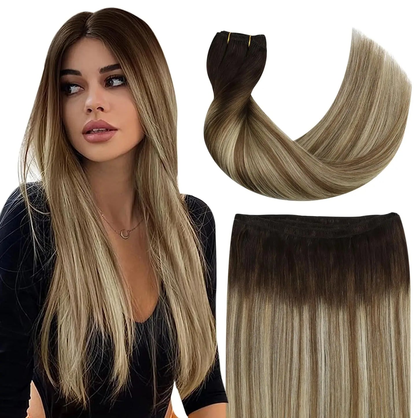 Ugeat Sew in Hair Extensions Human Hair Soft Natural Dark Root  Hair Bundles for Women Hair Weaves 100G Remy Human Hair