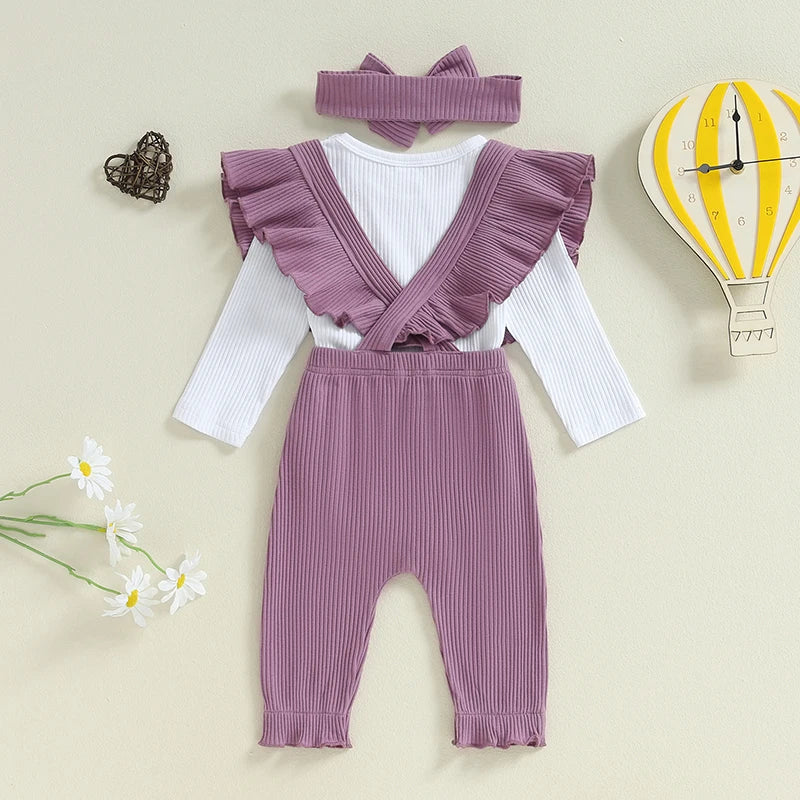 2024-05-31 Lioraitiin Baby Girl Ribbed Outfit, Long Sleeve Romper Ruffle Trim Overalls Bow Headband 3 Piece Set for Fall