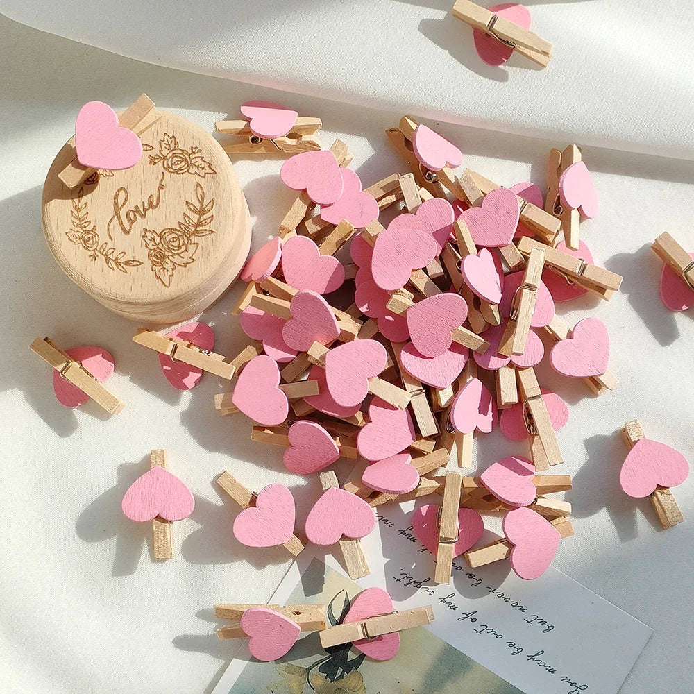 10/50pcs Red Heart Love Wooden Clothes Photo Paper Peg Pin Mini Clothespin Postcard Clips Home Wedding Valentine's Day Decorati