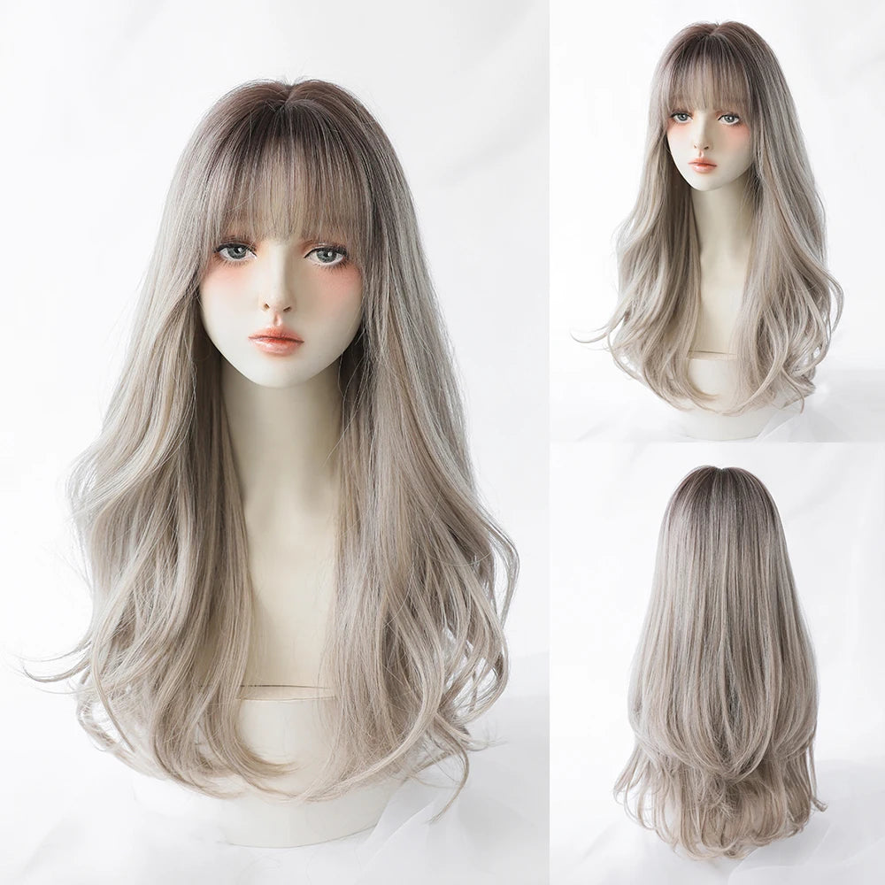 Dense Long Wave Wig Women Wig with Bangs Blonde Cospaly Lolita Daily Party Synthetic Wigs Heat Resistant Fiber Natural Fake Hair