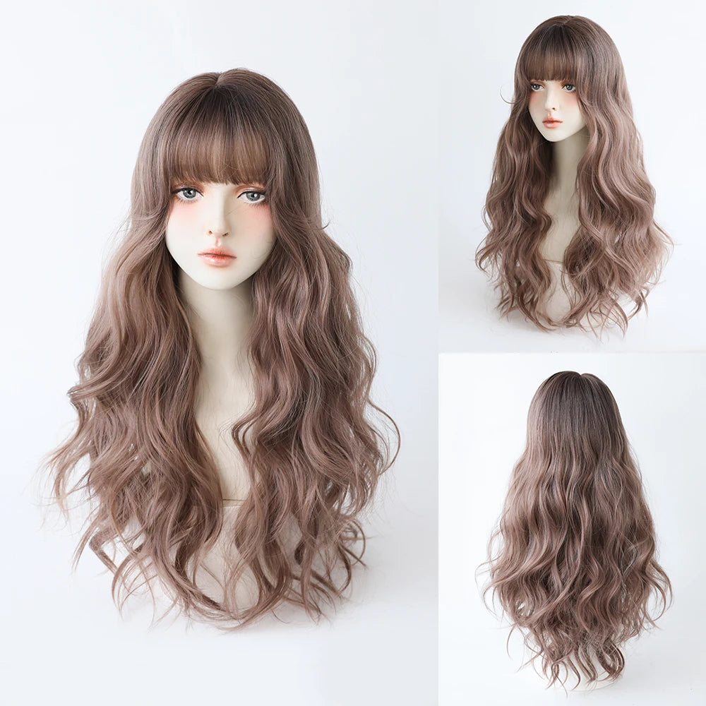 Dense Long Wave Wig Women Wig with Bangs Blonde Cospaly Lolita Daily Party Synthetic Wigs Heat Resistant Fiber Natural Fake Hair