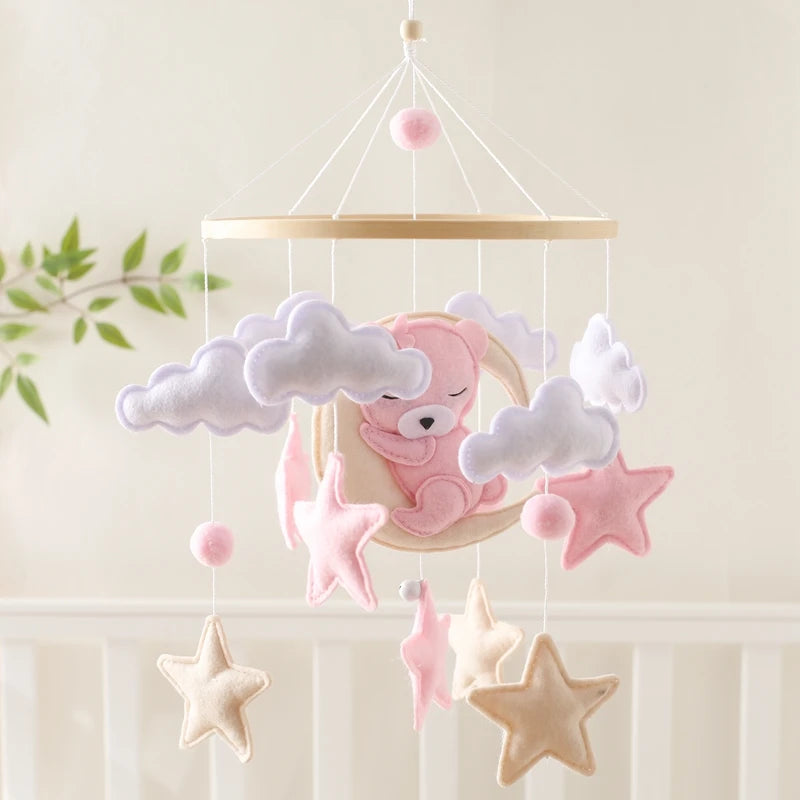 Wooden Crib Mobile Baby Bed Bell Rattle Toy Soft Felt Cartoon Bear Mobile Hanging Newborn Music Box Bed Bell Hanging Bracket Toy