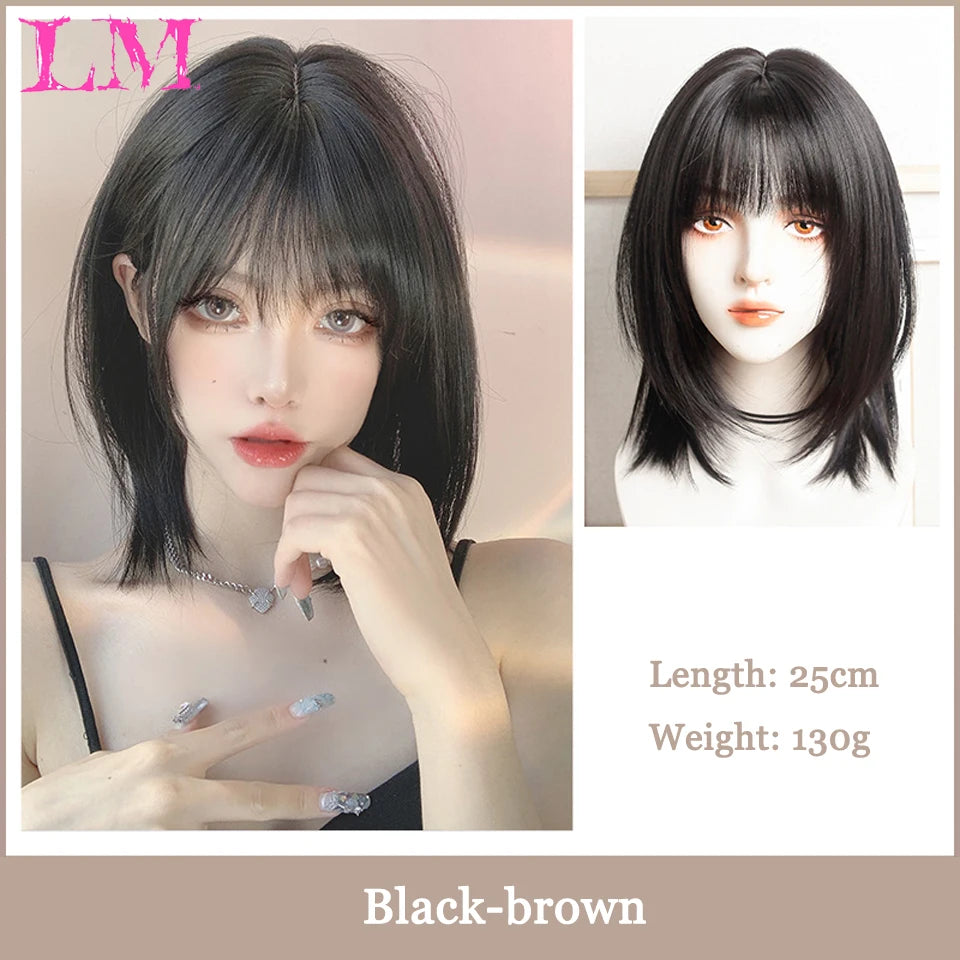 Pink Short Bob Straight Synthetic Wig with Bangs for Cosplay Lolita Fake Hair for White Women Party Natural Wig High Temperature