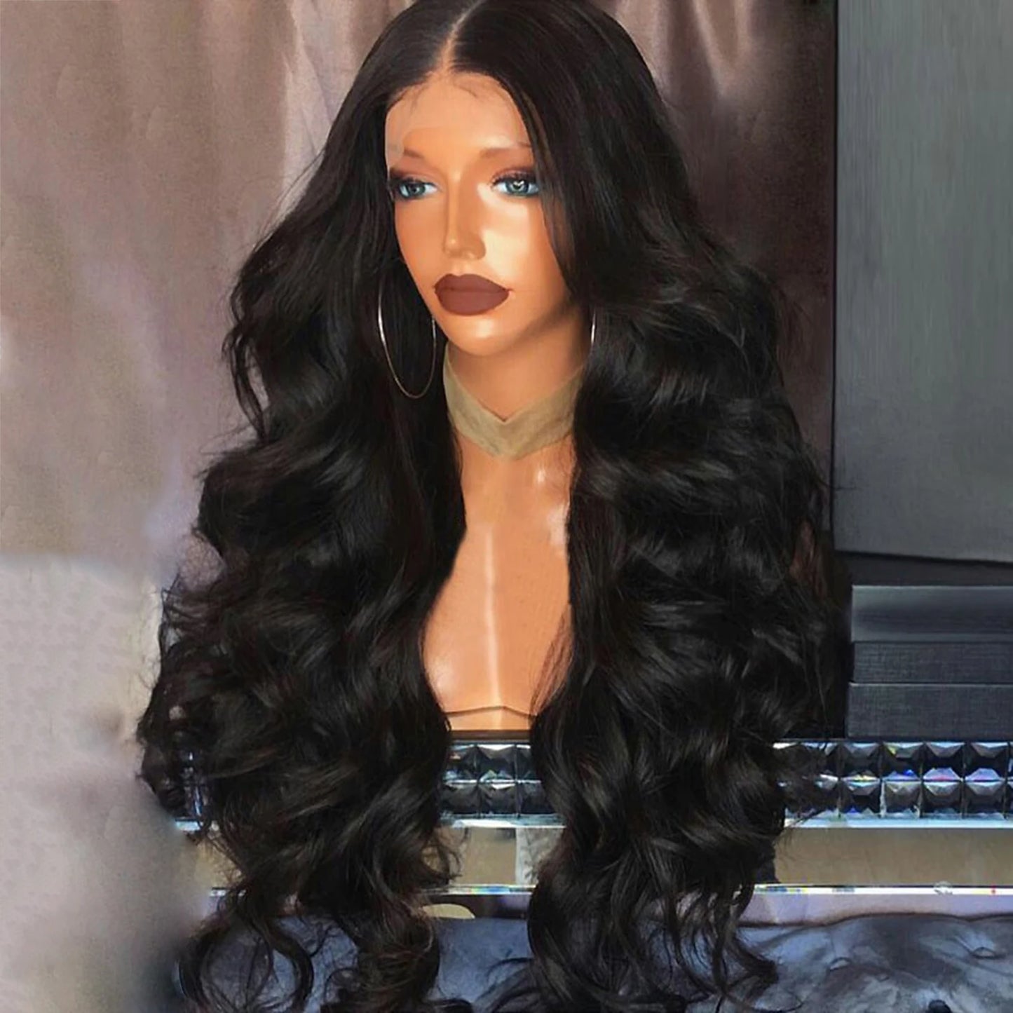 Lace Black Wavy Wig 26 Inch Front Synthetic Fiber High Temperature Silk Wig Middle Part Curls Naturally For Women Everyday